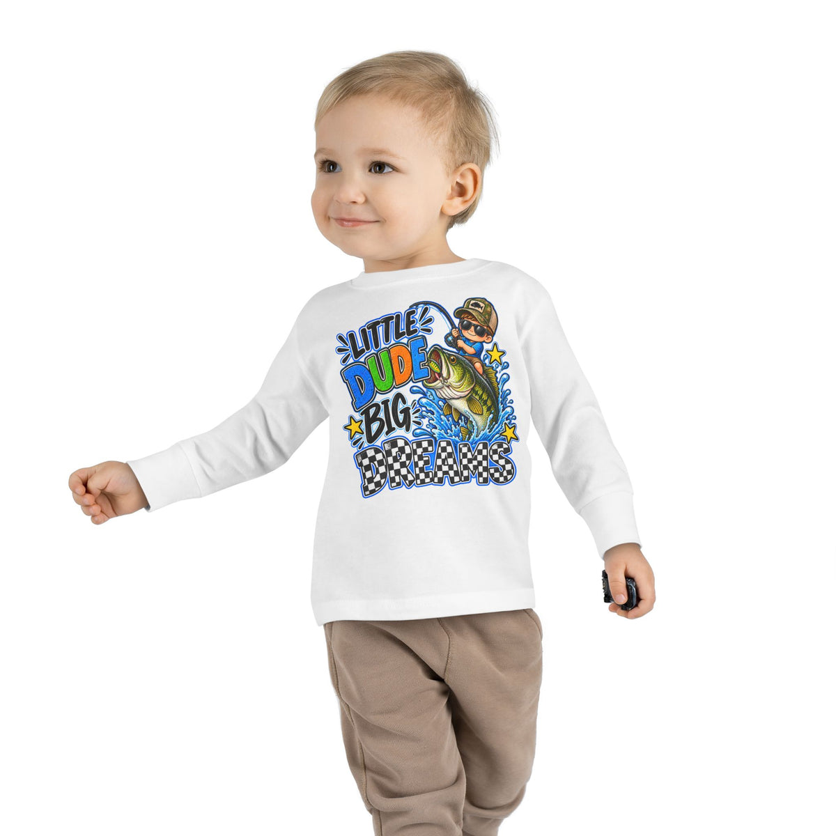 Toddler Long Sleeve Tee — "Little Dude Big Dreams" Fishing Graphic