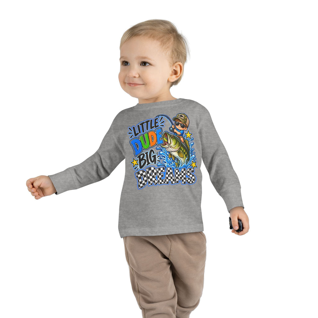 Toddler Long Sleeve Tee — "Little Dude Big Dreams" Fishing Graphic