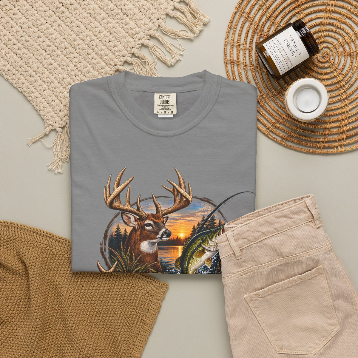 Fishing & Deer Outdoors T-Shirt — Vintage Wildlife Hunting and Fishing Graphic