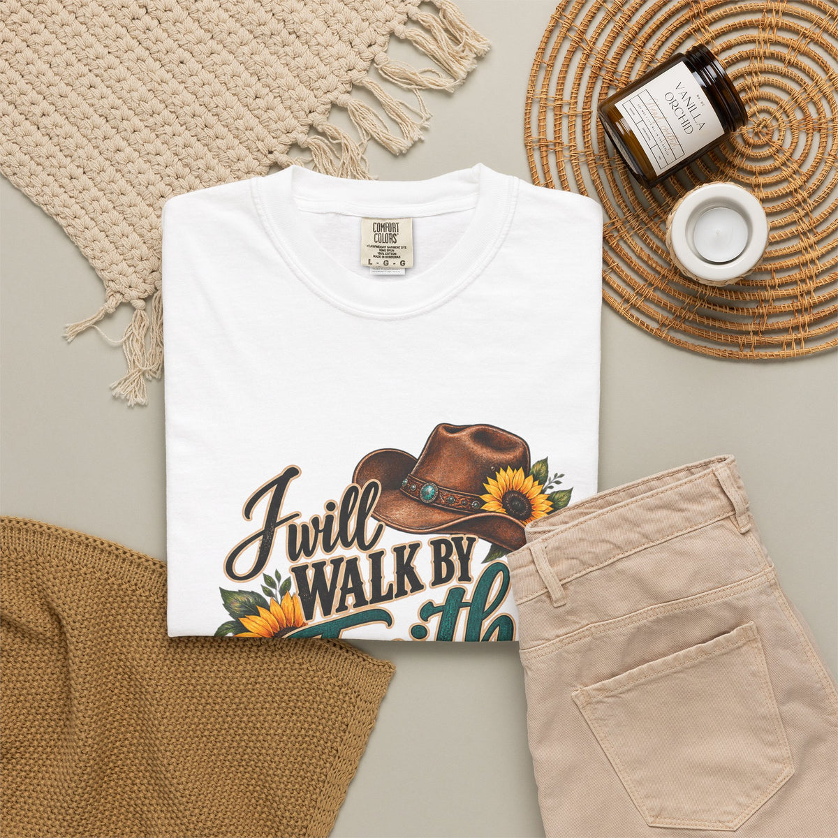 Faith Walk T-Shirt — “I Will Walk By Faith Even When I Cannot See” Cowboy Boots & Sunflowers