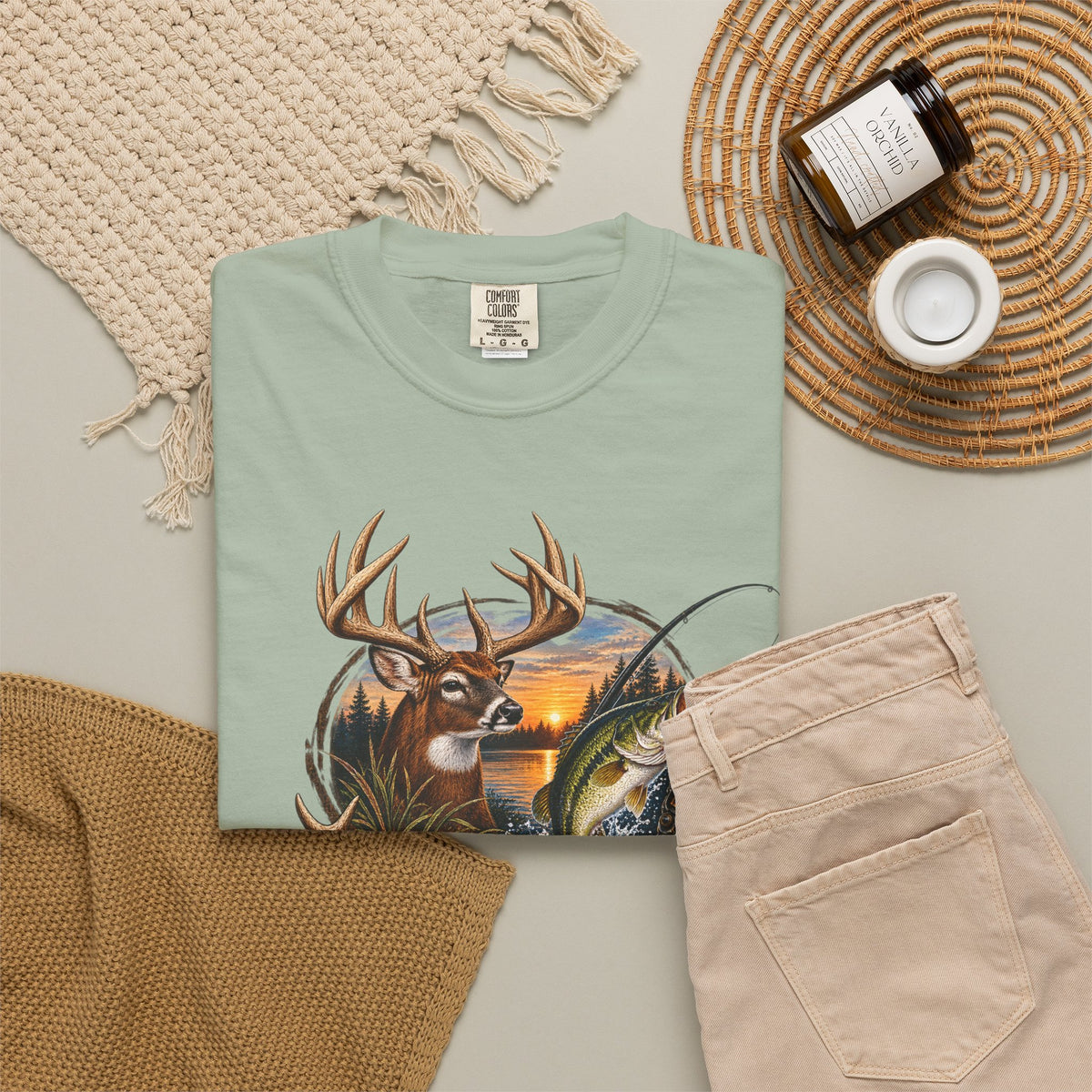 Fishing & Deer Outdoors T-Shirt — Vintage Wildlife Hunting and Fishing Graphic