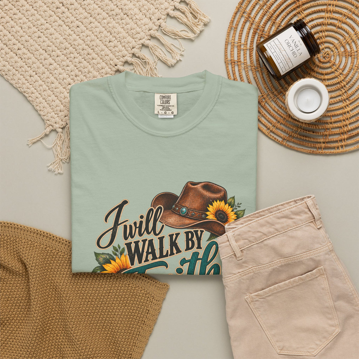 Faith Walk T-Shirt — “I Will Walk By Faith Even When I Cannot See” Cowboy Boots & Sunflowers