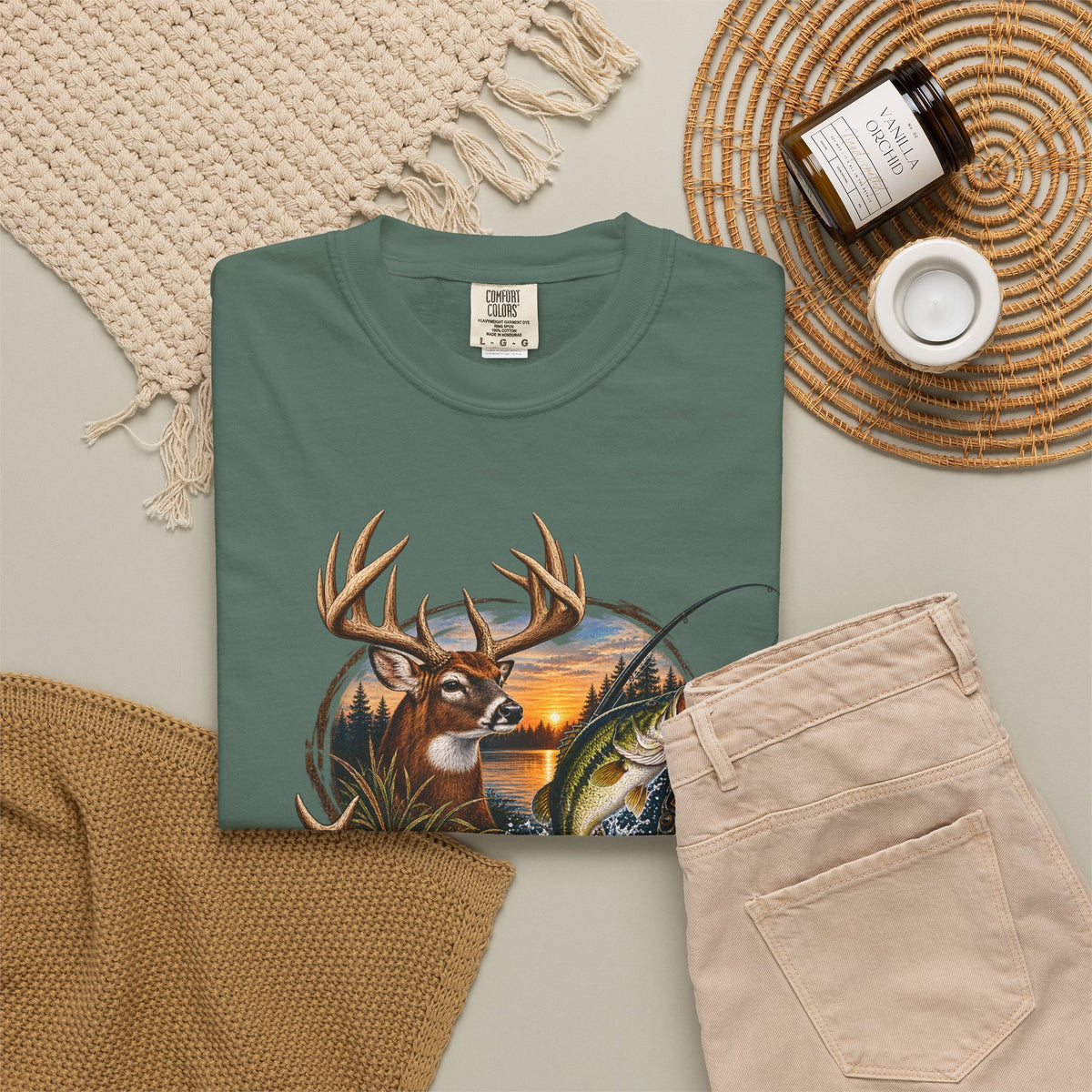 Fishing & Deer Outdoors T-Shirt — Vintage Wildlife Hunting and Fishing Graphic