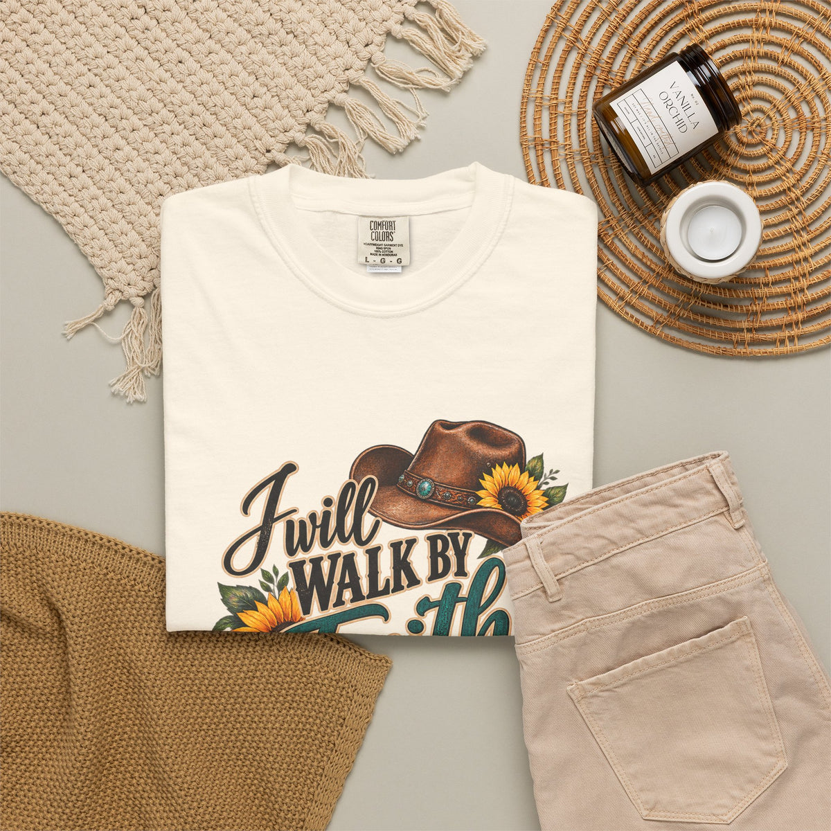 Faith Walk T-Shirt — “I Will Walk By Faith Even When I Cannot See” Cowboy Boots & Sunflowers