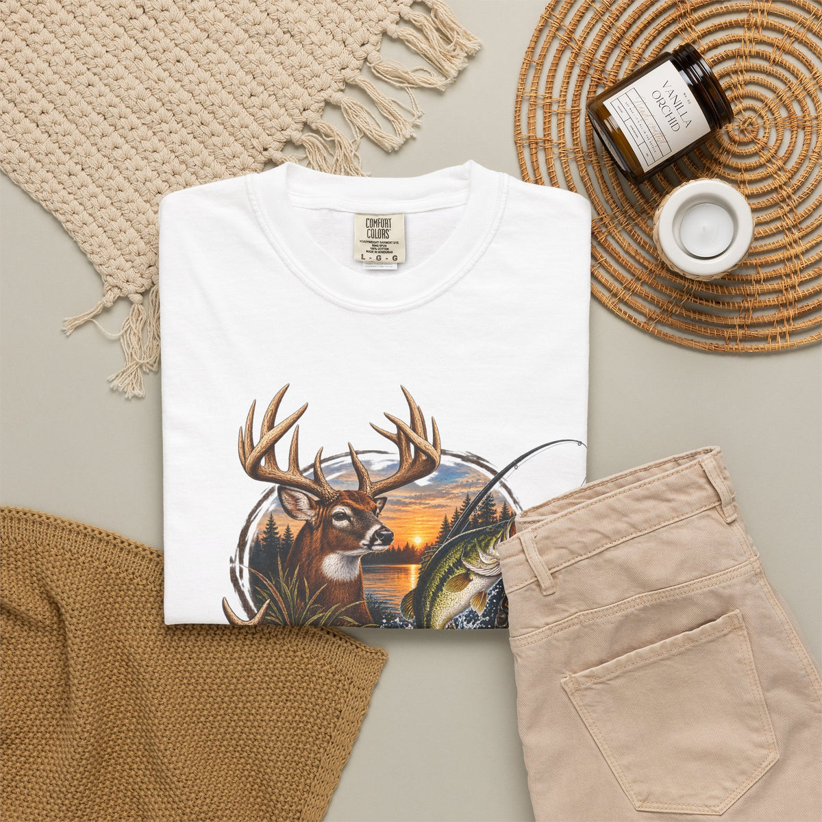 Fishing & Deer Outdoors T-Shirt — Vintage Wildlife Hunting and Fishing Graphic