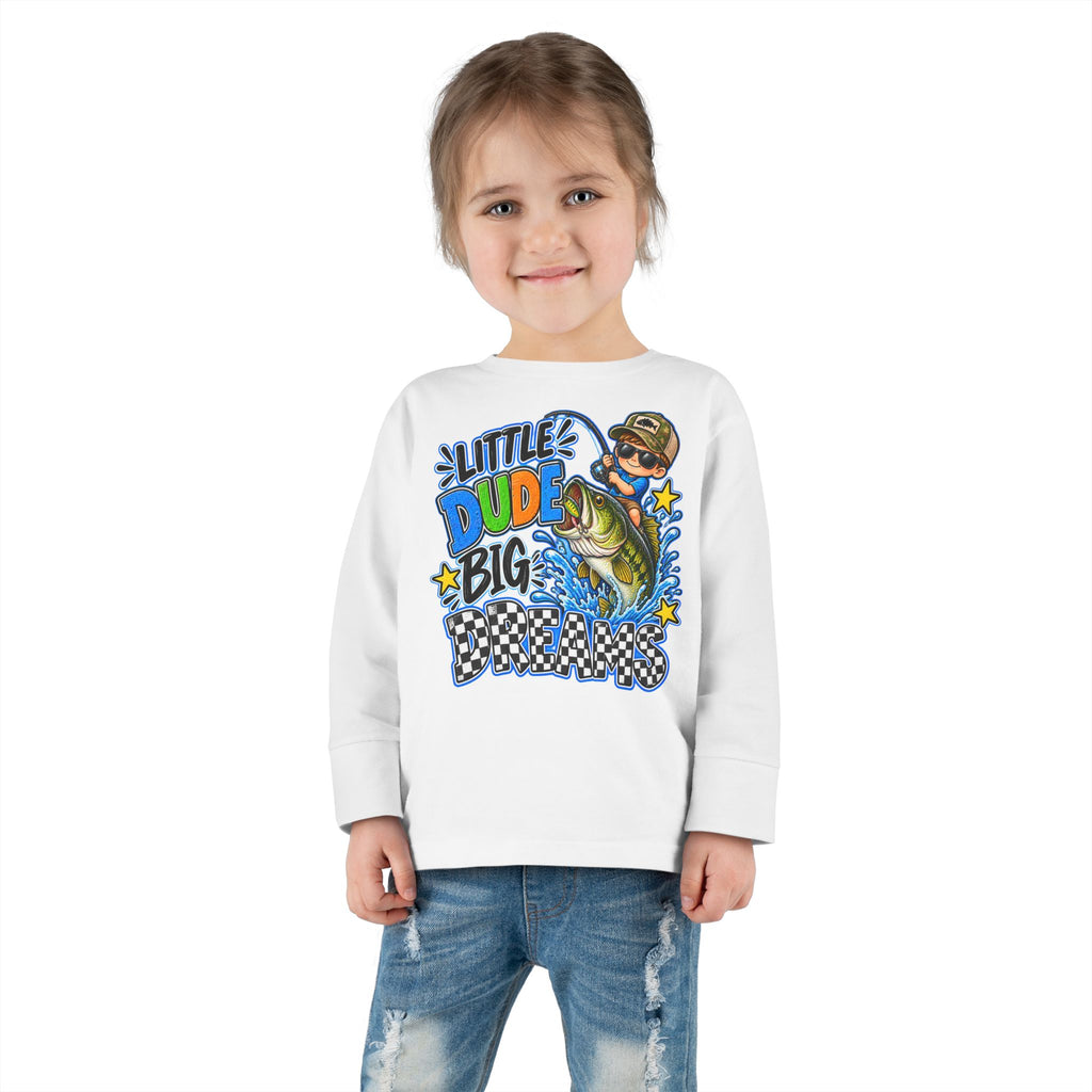 Toddler Long Sleeve Tee — "Little Dude Big Dreams" Fishing Graphic